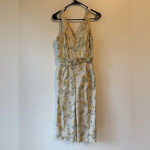Unbranded floral cropped jumpsuit v neck sleeveless SZ S belted stretch ivory